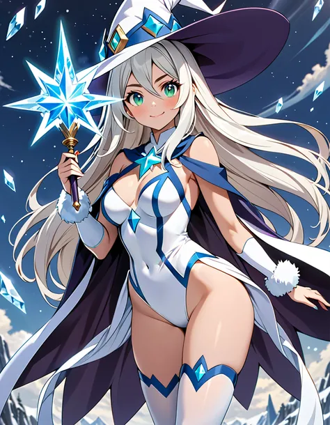 masterpiece, best quality, high res, 8k, 1girl, superhero, holding wand, witch academia, superhero sorceress witch, glamorous angewoman digimon, sky witch, by Aguri Uchida, maya ali as an ice mage, (white tuxedo, leotard, solid white leotard with florescen...