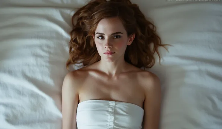 A close-up portrait of Emma Watson as Hermione Granger, lying on a white bed, shot from a top-down perspective. She is naked with a white blanket covering her body. Her eyes are opened;