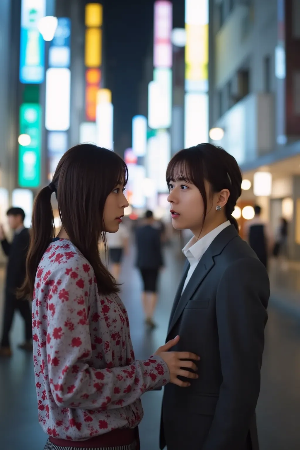 "Japanese women are talking to men in downtown Tokyo。women are talking with interest、Men are indifferent to her story、and don't know her at all。downtown Tokyo spreads out in the background、the lively atmosphere and neon lights are shining。 The woman is wea...