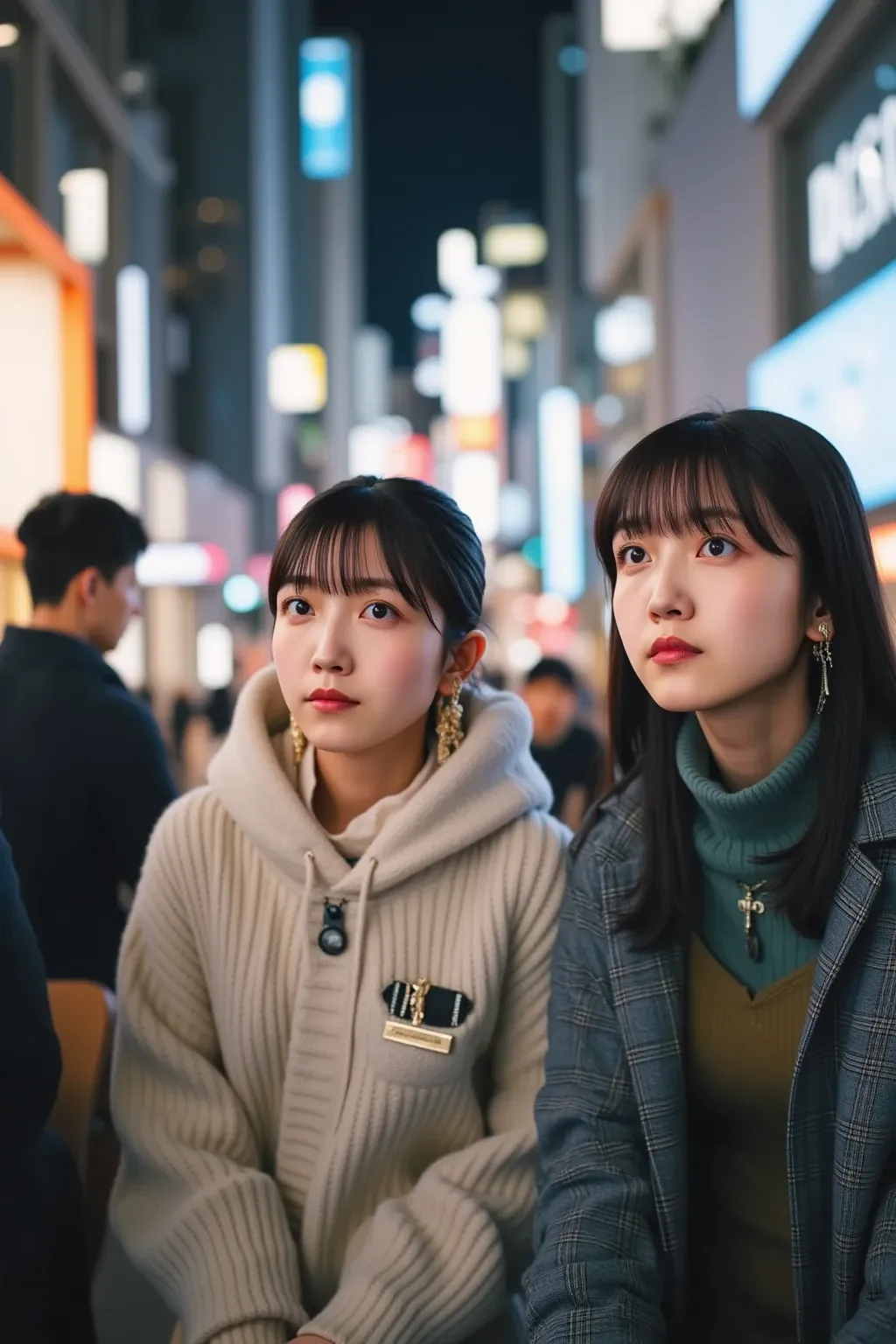 "Japanese women are talking to men in downtown Tokyo。women are talking with interest、Men are indifferent to her story、and don't know her at all。downtown Tokyo spreads out in the background、the lively atmosphere and neon lights are shining。 The woman is wea...