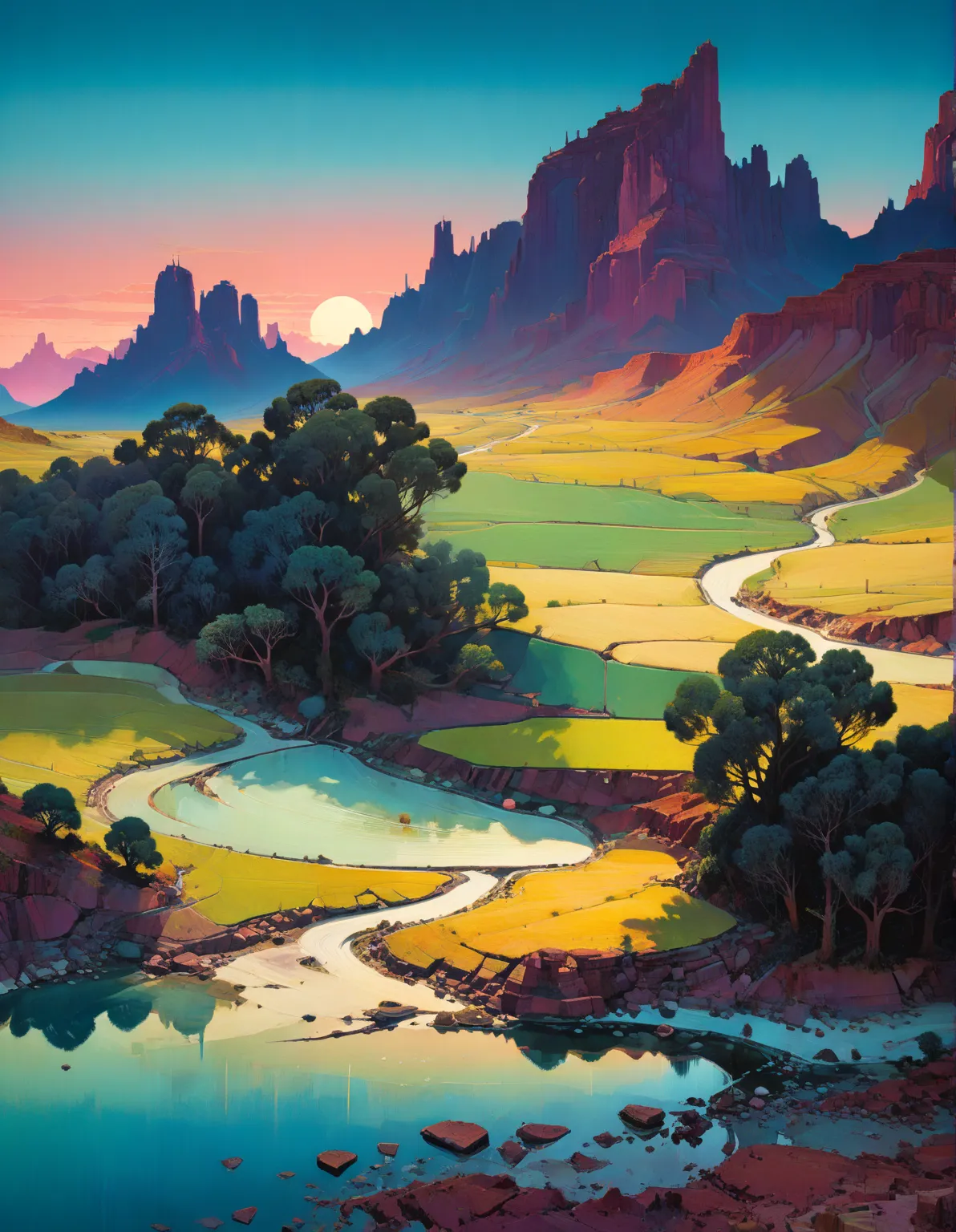 professional photograph of a dimpled landscape by James Gilleard and Peter Doig and Richard Avedon ,  bold lines , hyper detailed, Dark and limited color palette, dramatic lighting,  (intricate details, masterpiece, best quality:1.4),
