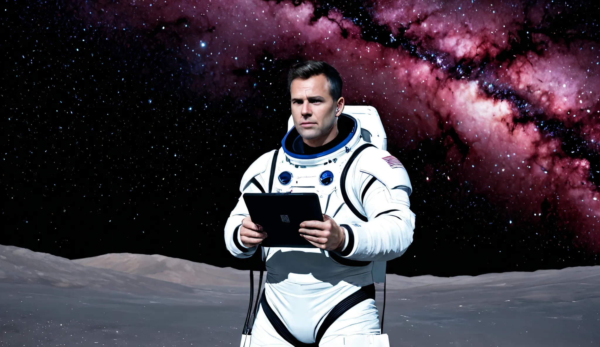 A strong man in a futuristic space suit, with a scar on his cheek and a determined gaze, standing against a starry backdrop, holding a holographic tablet, highly detailed