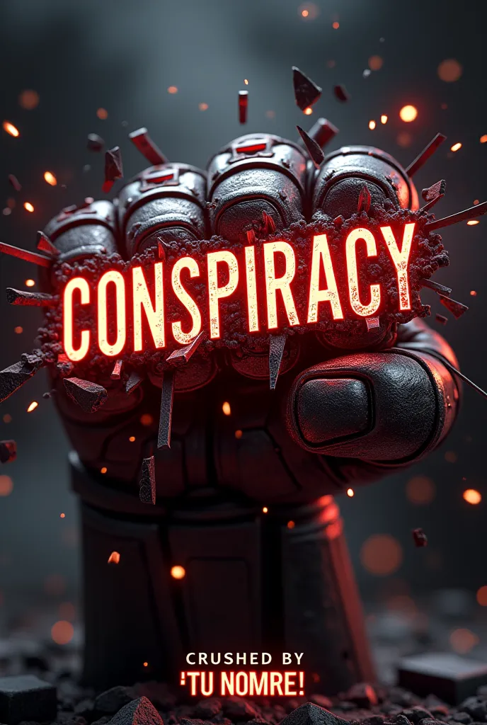 "A dramatic 3D-rendered scene of a powerful armored fist (with glowing cracks and metallic textures) violently crushing the word 'CONSPIRACY' into shattered fragments. The word should be in bold, broken typography with sharp edges, as if made of glass or s...