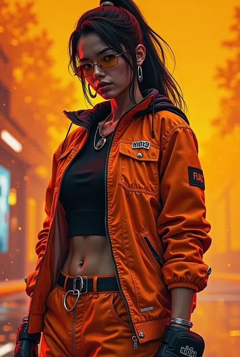 Create an orange and black background image with a woman with traits from GTA V