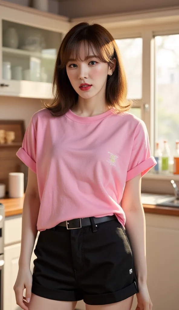 a woman, dress in the kitchen during the day, full body view,  front facing, wear pink oversize casual shirt, black short silk pants, big boobs, red lips, 