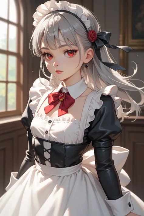 A young Girl with red eyes long grey hair that faits into gray at the tips wearing a Classic long black and white Maid dress