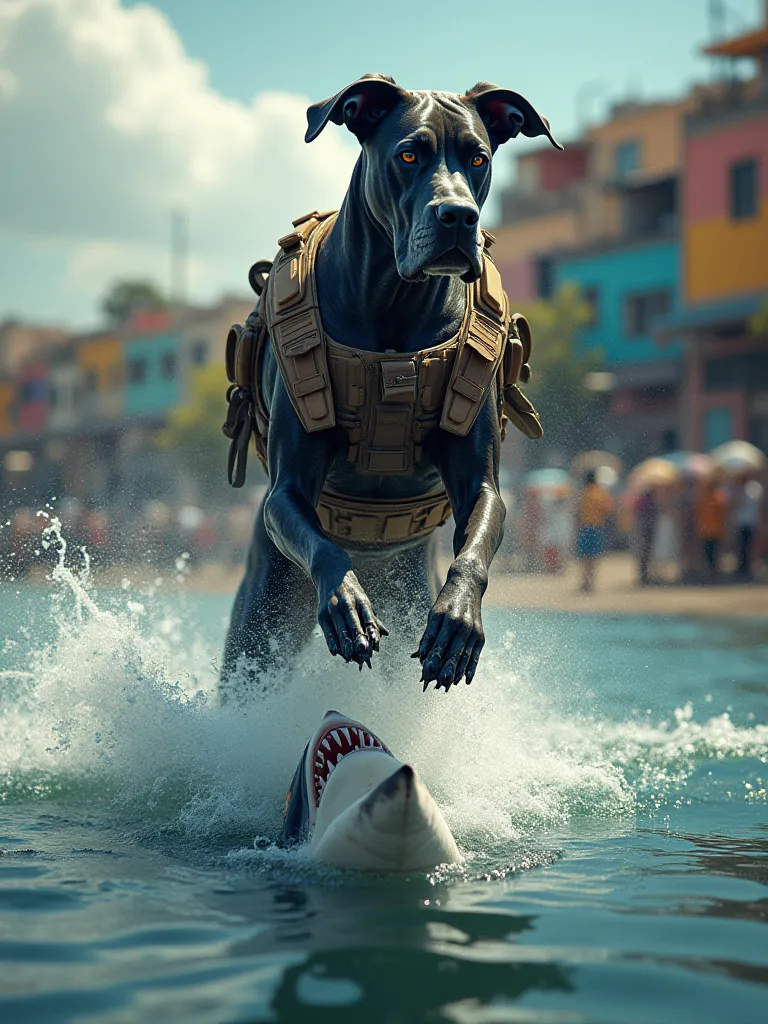 Wallpaper with a Great Dane with a tactical vest, Catching a shark in the lake in front of the favela 