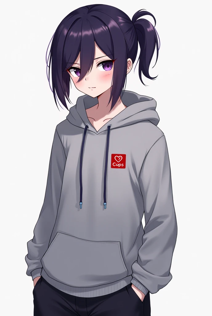 Make me a very handsome adult boy, with white skin and a serious look on her face, with dark purple hair tied in a ponytail with bangs covering the side of her face, And the left part with the discolored fringe, be wearing a hoodie tied with a logo of "cup...