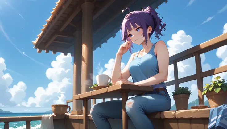 "A woman with pastel green and purple hair tied in loose waves sits on a simple chair on a balcony built into a cliffside. She wears a blue tank top and short denim jeans, her laptop glowing against the backdrop of a star-filled sky. The ocean far below re...