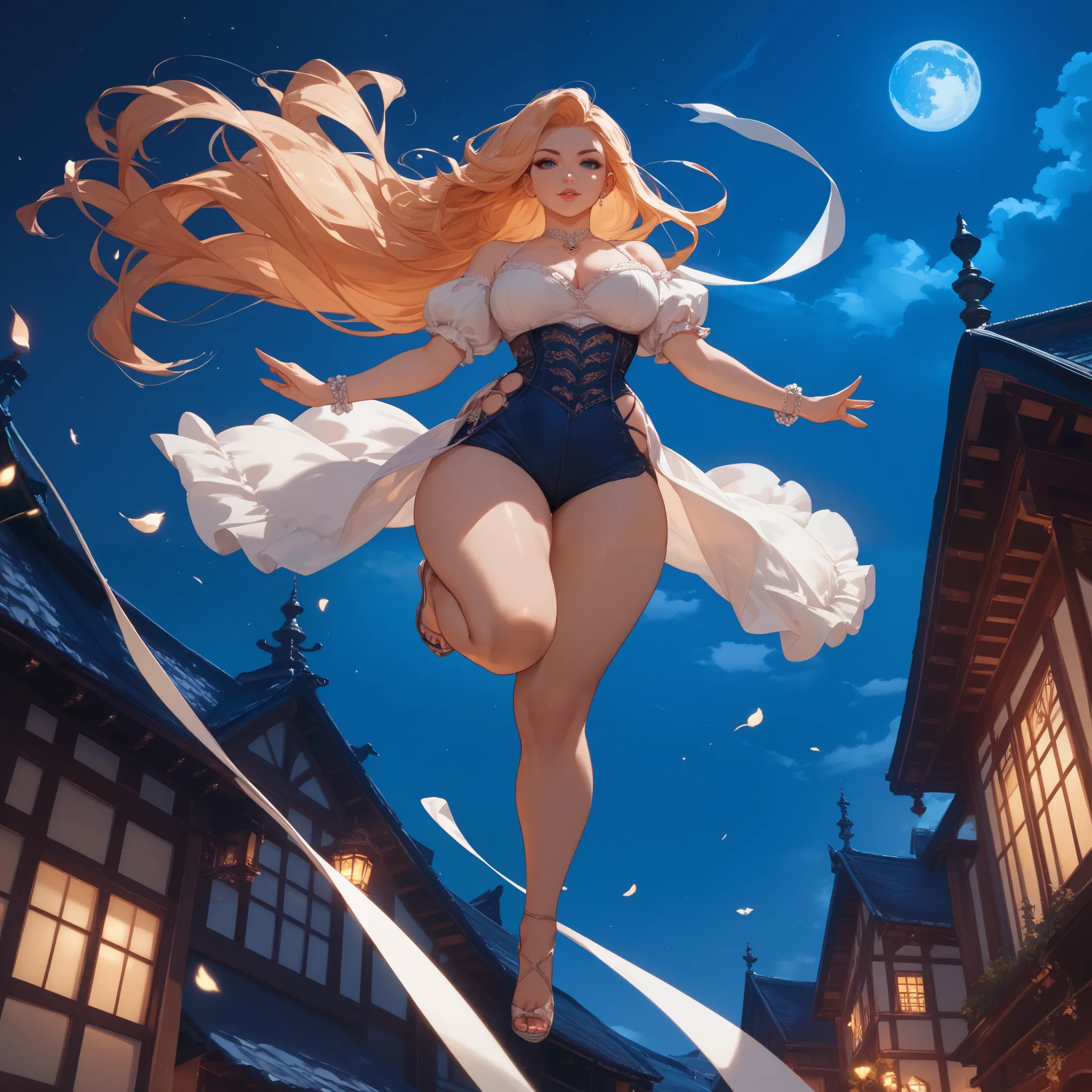  anime woman night, random light color and random color hair, long hair, full body, in perspective(((body with beautiful curves, in the air))) 