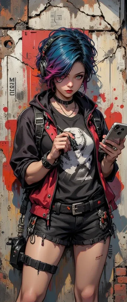 A bright, daring, apocalyptic, cyberpunk 20-year-old European girl with a smartphone in her hand stands in a curved defiant pose against the background of an old brick wall, deep cracks, dirty old paint, disheveled faded blue-red hair, smudged makeup, smok...