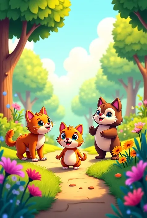 A sunny day scene with all three animals embarking on an adventure, exploring their garden. these prompts for creating cartoon images