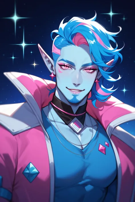 (anime style) (blue skin) blue skinned alien man with pointed ears, pink eyes, blue hair with pink streaks, glam rock, makeup, masculine, facial hair, dominant, flamboyant, strong, flirty smile