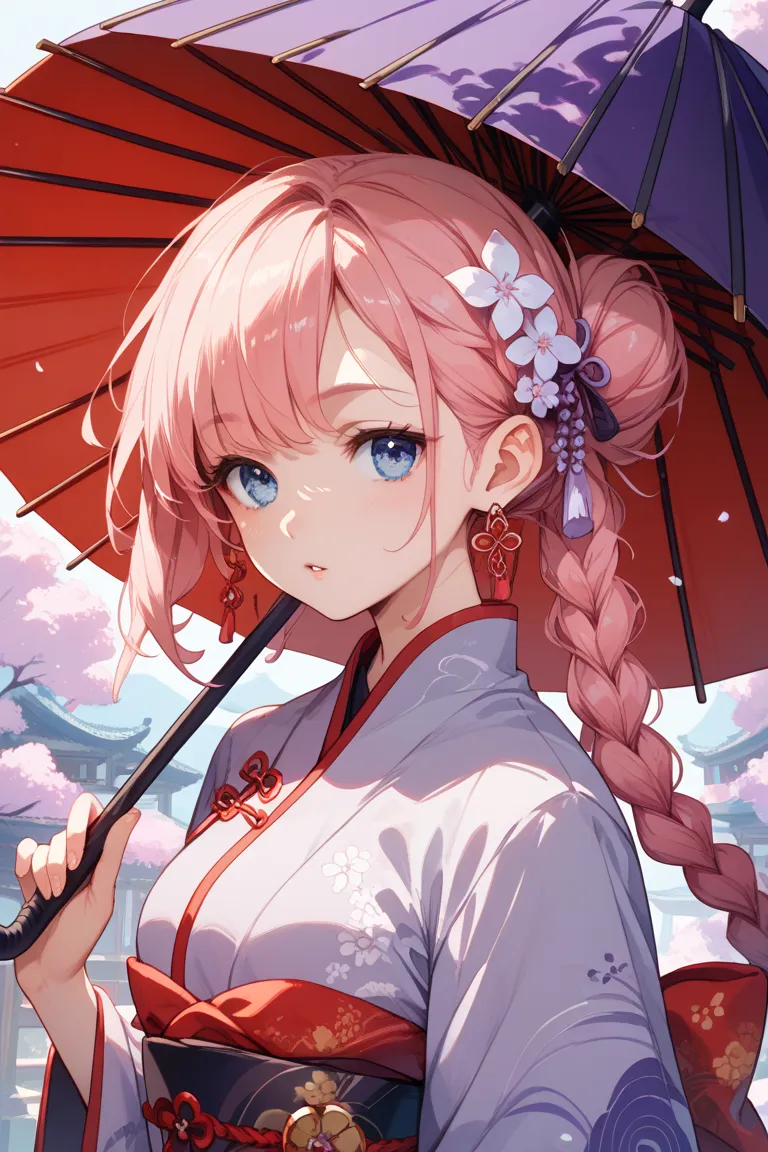 salmon pink hair color。blue eyes。Beautiful whitening girl。Purple umbrella。red china clothes。purple Japanese umbrella。hairstyle is to make a braid, roll the hair over both ears, and put it inside a black hemisphere ornament。