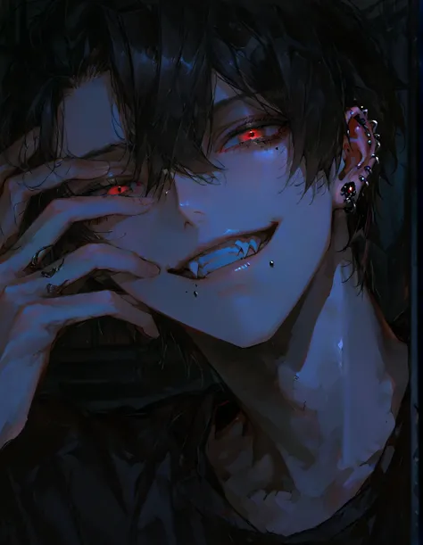 handsome, male, one male, sylish, hopeless, piercings, a lot of piercings, lip piercings, short hair, sleek, dangerous, moody, dark alley, hand over face, evil smile, smirk, fang, close-up, face, detailed, face front