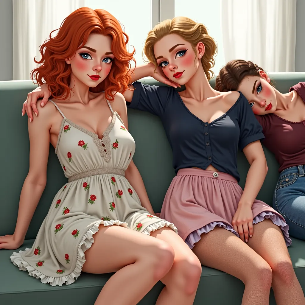 3 women, Aesthetic artwork, irish  redhead, curly ginger hair, shoulder length ginger hair, gray eyes, light grey eyes, some small freckles, pale skin, A-cup, small breasts, runners body, detailed skin texture, sitting down, sitting on floor, leaning on co...