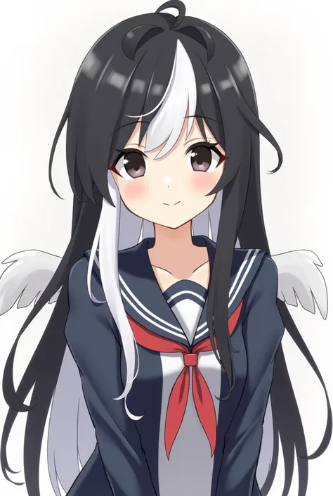  a pretty girl , hair half black and half white long, black eyes, eyelashes one white and one black, cheerful expression, somewhat thick round eyebrows,  female body, uniforme femenino de boku no hero academia, school uniform, small white wings on the back...