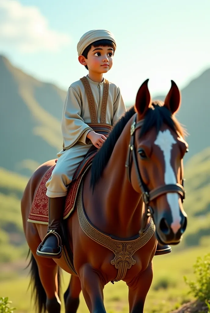 A small Islamic boy sit on horse 