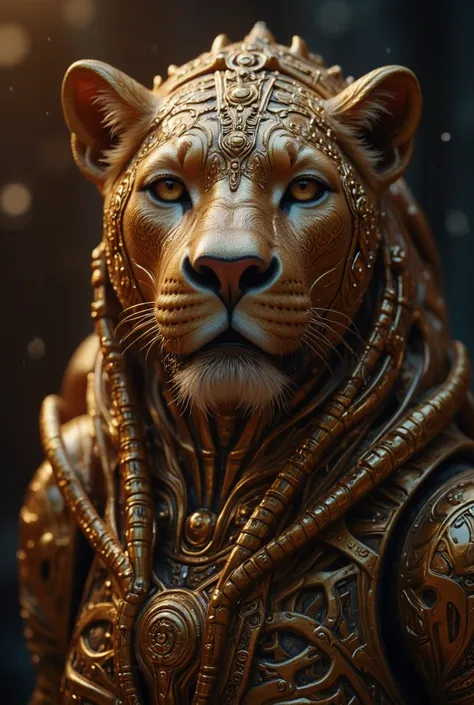 shiny gold and black, mechanical lion, wise, aztec gold style, looking at the viewer, cinematic photography, dof, ,hyperrealism, majestic, awesome, inspiring, sepia, atmospheric haze, cinematic composition, soft shadows, national geographic style, black gl...