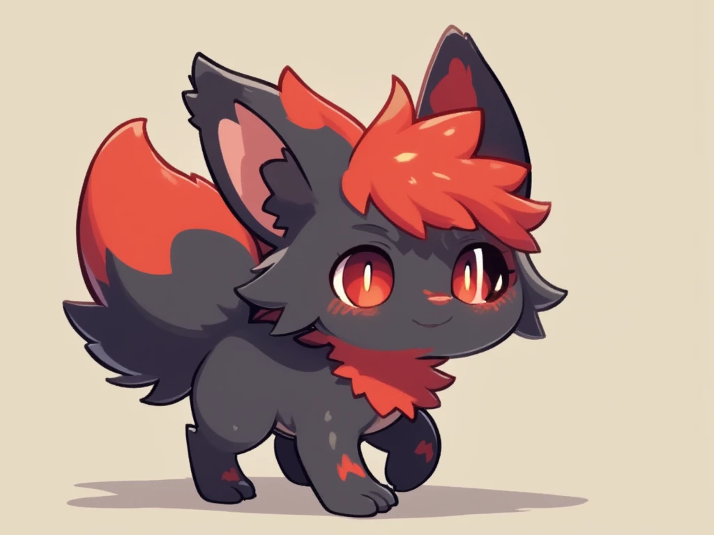 Zorua has a slender and , covered by a short and soft dark gray coat, } with a subtle sheen that highlights your charming appearance. Her front legs are more developed, allowing it to assume a bipedal posture easily, although she can still move on all four...