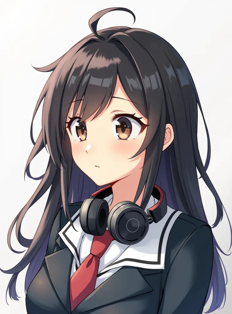 17-year-old girl wearing that same uniform as in the picture. with black hair, wavy and loose with headphones around his neck and brown eyes.