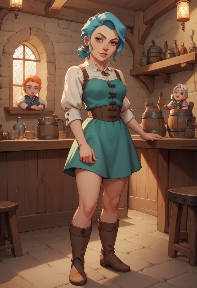 Pike_trickfoot, gnome, Alone,  1 woman, short stature, short medieval dress with low cut, medieval tavern,  Seductive look, standing, full-body, maximum fidelity, 