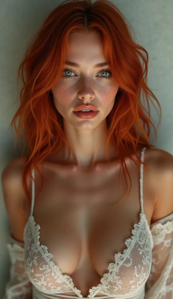 Hyperrealistic portrait of a passionate redhead girl, ager, (symmetry), centered, face like Amber Heard and Blake Lively, cute, 18 years old, young, slim, tall, Latina, brunette, with vivid red hair, vivid blue eyes, medium breasts, with freckles on her fa...