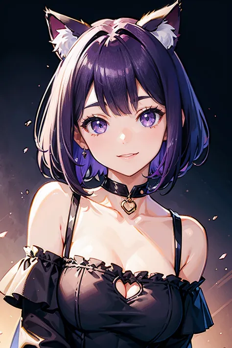 Cat ears、Purple Hair、short hair、 off-shoulder mini dress with chocolate、 Facing Front、1 person、High Resolution, Front of face、8k、 Smile