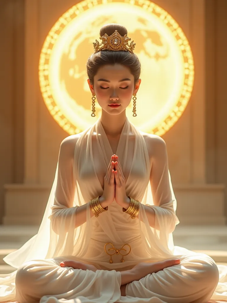   Guanyin Bodhasa  , Asian women wearing a white translucent dress, ，with a transparent dress Simple and elegant, Lots of hair ornaments bracelets gold crystal decoration，Put your hands together，Asian woman wearing robes sitting on lotus ， A ring of golden...