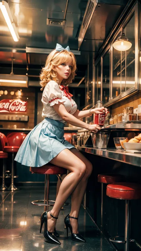 Mylene FARMER, black stockings and stiletto heels;  8k, Masterpiece, Top Quality, Full shot, blonde, woman, 1950s style, light blue top, red bow, floral skirt, white petticoat, light blue shoes, peep-toe, soft waves, American diner, red chrome, Coca-Cola s...