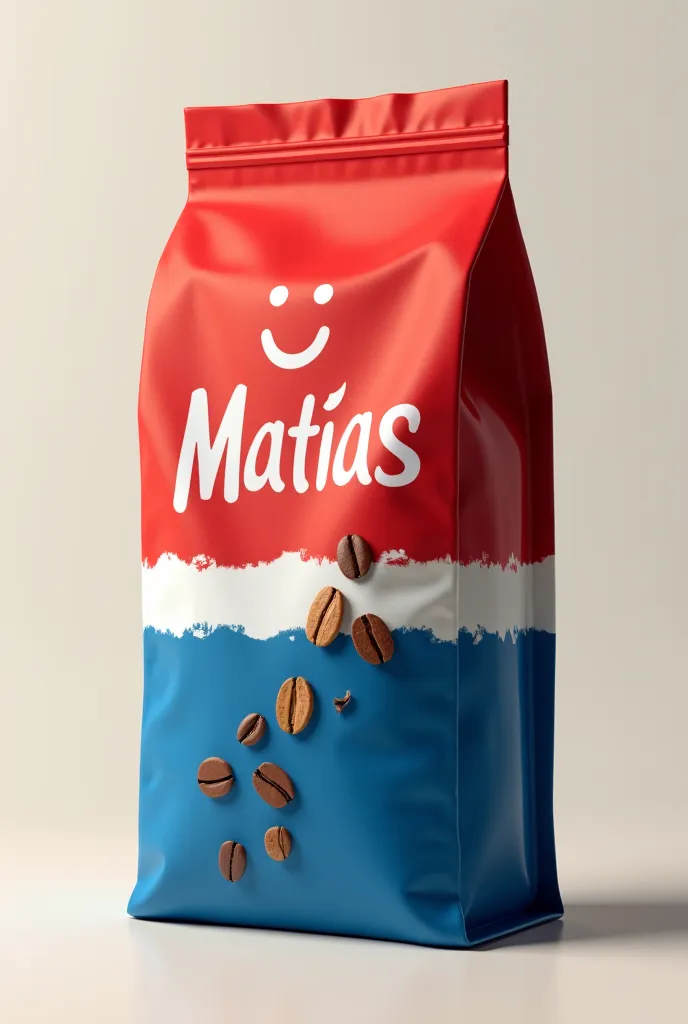 Create a brand of coffee called Matías that is red in the upper part and blue in the lower part and white in the middle and is represented by coffee beans and that there is a happy face on the top and that is this one and that the package is 3D
