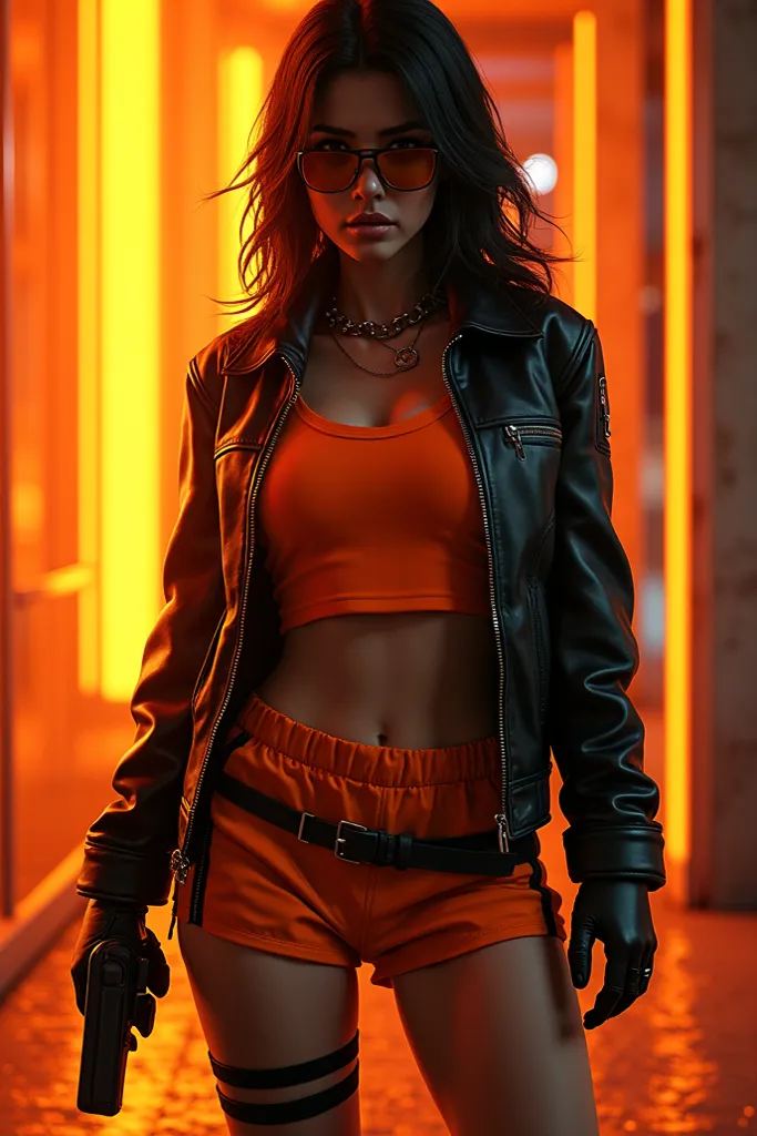 Create an orange and black background image with a woman with traits from GTA V