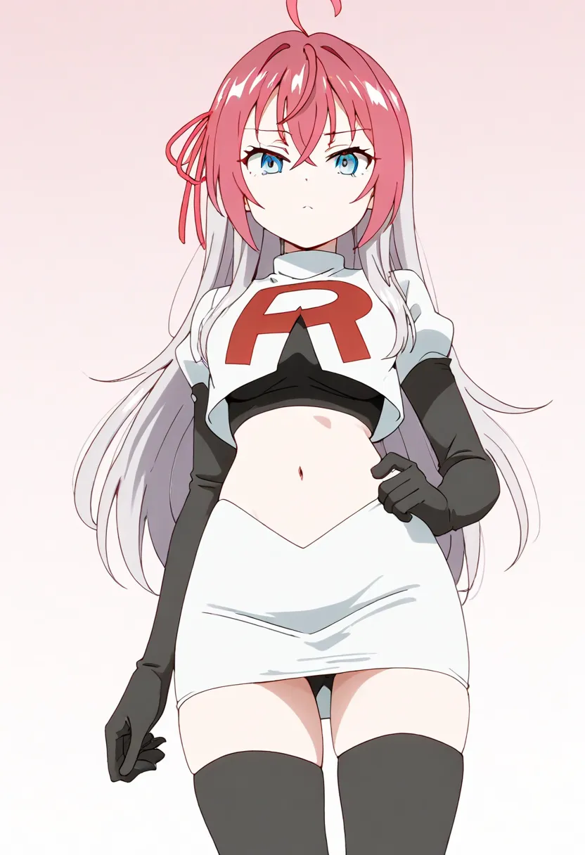 masterpiece, best quality, amazing quality,
1girl, solo, looking at viewer, gradient background, 
long hair, silver hair, ahoge, crossed bangs, red hair ribbon, sidelocks, blue eyes,
team rocket,team rocket uniform,white skirt,red letter R,crop top,black t...