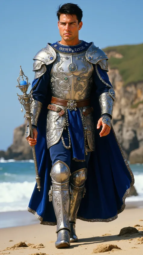 Tom Cruise reimagined as a majestic human-cancer hybrid walking and holding a silver scepter, dramatic atmosphere, 1 male、
short, dark brown hair and expressive hazel eyes.
He wears ultra-luxurious armor crafted from polished silver and deep blue steel,...