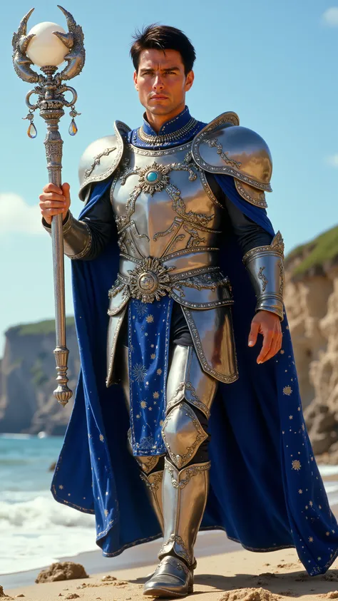 Tom Cruise reimagined as a majestic human-cancer hybrid walking and holding a silver scepter, dramatic atmosphere, 1 male、
short, dark brown hair and expressive hazel eyes.
He wears ultra-luxurious armor crafted from polished silver and deep blue steel,...