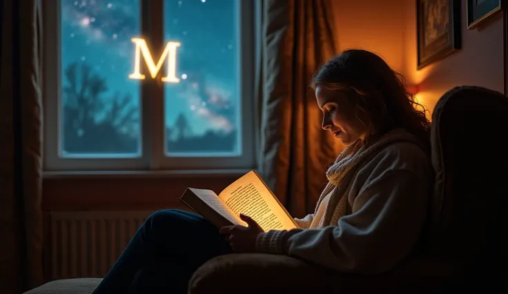 "A cozy setting, with a person seated in an armchair, holding an open book about. In the background, a window depicts a starry sky, and the letter 'M' appears discreetly projected on the wall, symbols as a subtle reminder of the connection between the past...