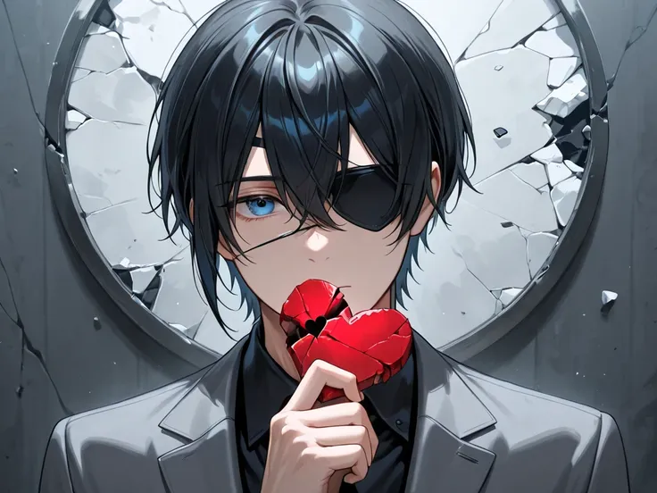 Black hair, blue eyes, eye patch, gray suit, holding a piece of a broken heart, white broken background, A BOY, ALONE, a bit more 