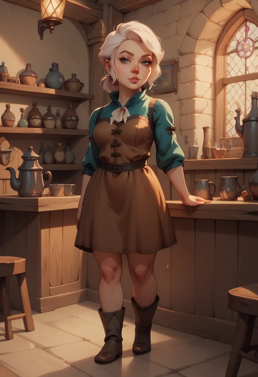 Pike_trickfoot, gnome, Alone,  1 woman, short stature short white hair, short medieval dress with low cut, medieval tavern,  Seductive look, standing, full-body, maximum fidelity, 