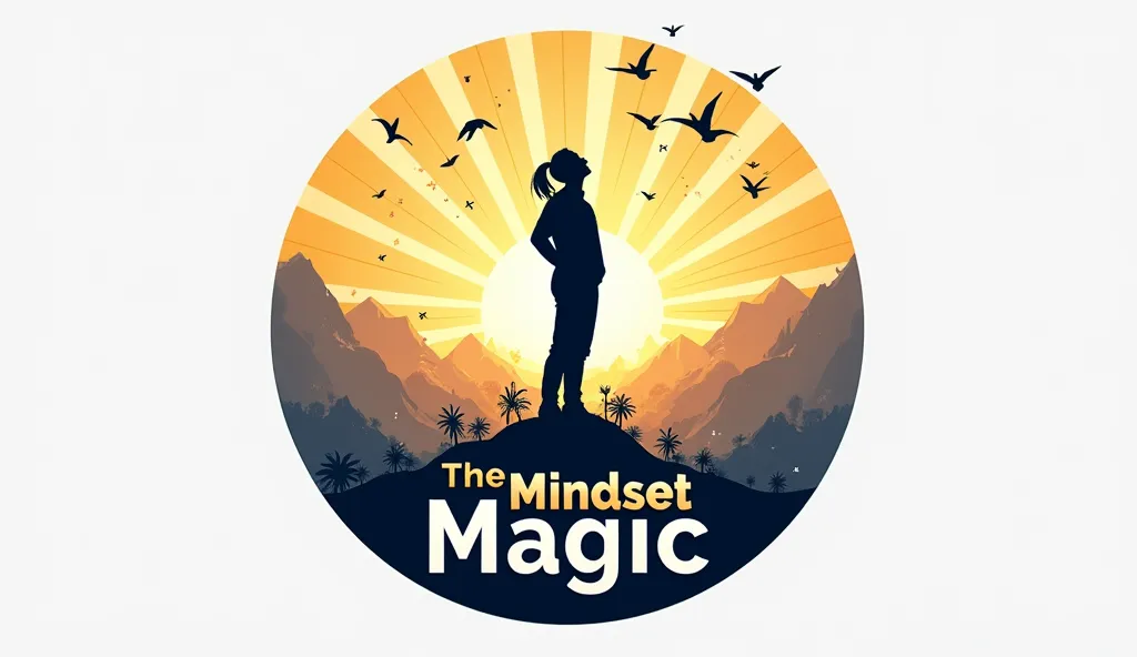 A powerful and inspiring digital logo for a motivational the mindset magic. The design features a silhouette or side profile of a confident person looking up towards the sky, symbolizing ambition and growth. The background consists of a radiant sunrise or ...