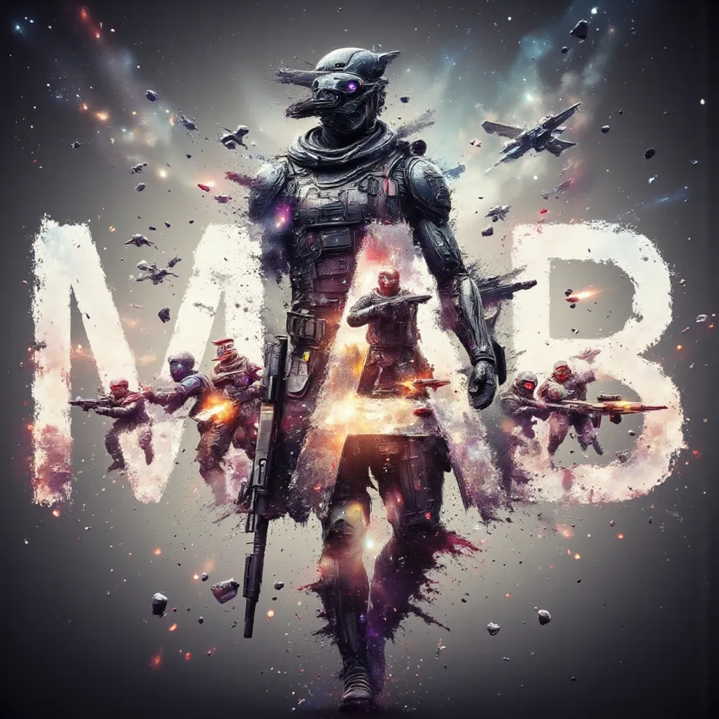 Double exposure style, Prospect: Muscular anthropomorphic Crow soldier, donned in black modern combat armor. 
Silhouette: 2 names "Crowmetheus" and "MAB" overlayed, a Space battle with soldiers and starships. 
Colorful, Dynamic Pose, Dynamic contrast ,Silh...