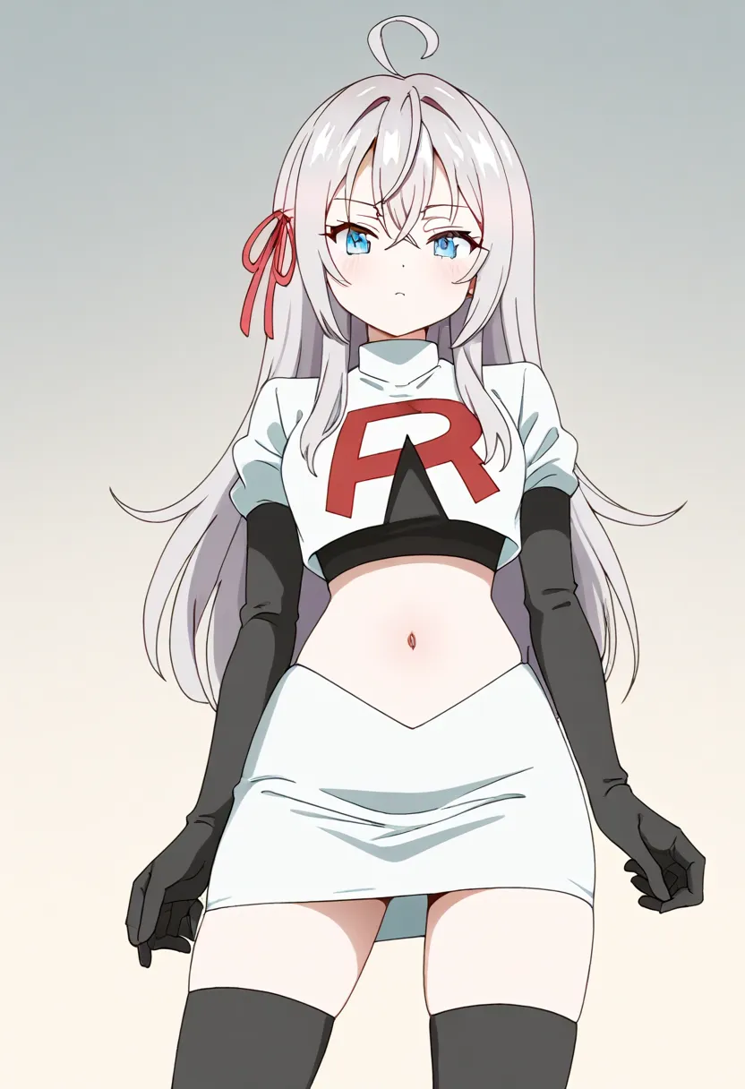 masterpiece, best quality, amazing quality,
1girl, solo, looking at viewer, gradient background, 
long hair, silver hair, ahoge, crossed bangs, red hair ribbon, sidelocks, blue eyes,
team rocket,team rocket uniform,white skirt,red letter R,crop top,black t...