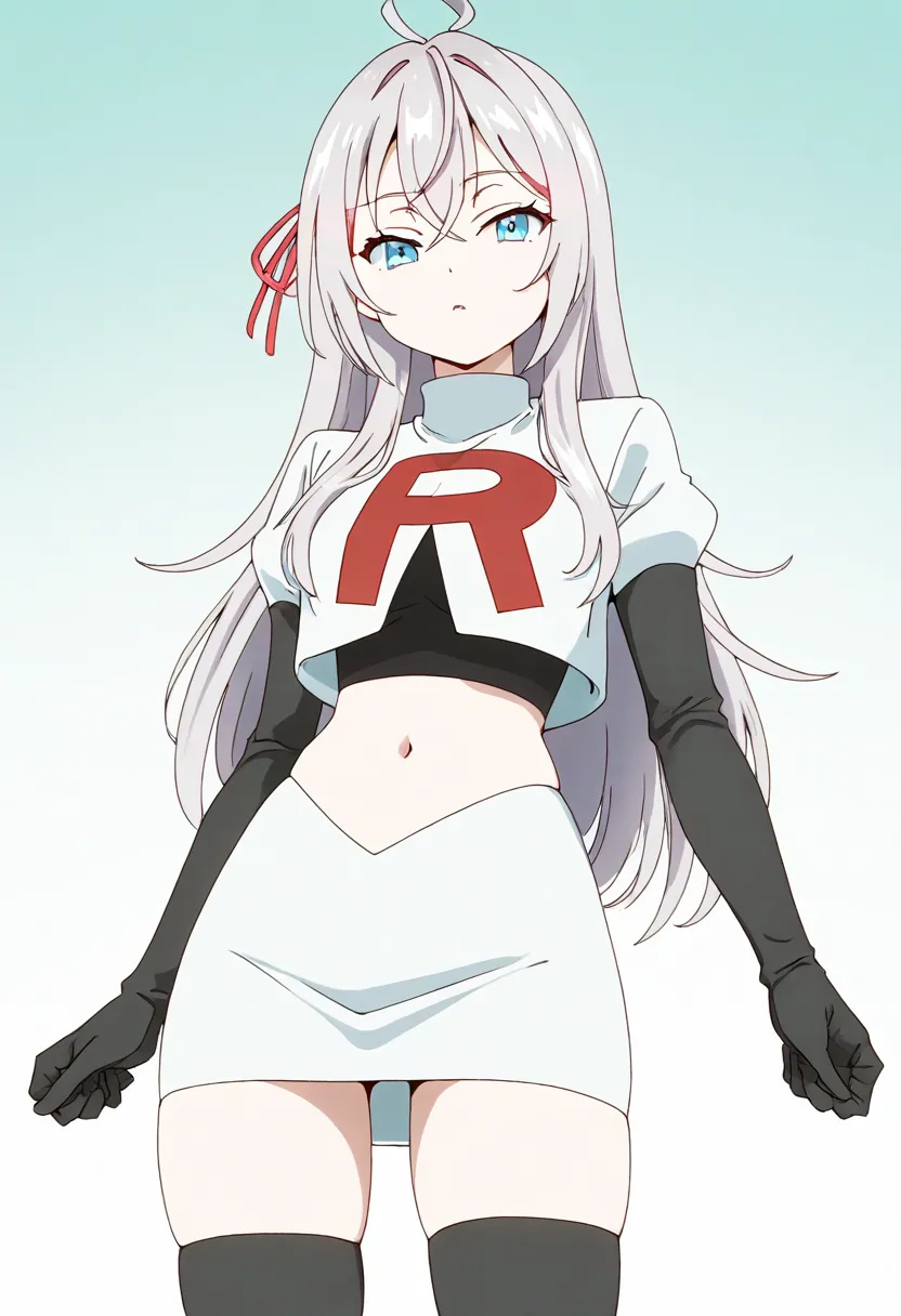 masterpiece, best quality, amazing quality,
1girl, solo, looking at viewer, gradient background, 
long hair, silver hair, ahoge, crossed bangs, red hair ribbon, sidelocks, blue eyes,
team rocket,team rocket uniform,white skirt,red letter R,crop top,black t...