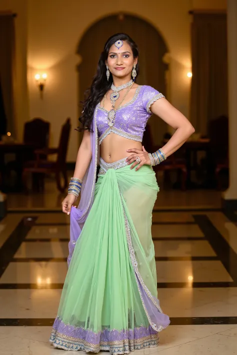 Ultra-HD 8K, a stunning South Indian woman elegantly posing in a glamorous **pastel green and lavender Indo-Western dance ensemble**, inspired by vintage Bollywood and Tollywood aesthetics. Her fitted **lavender silk blouse** is short-sleeved with **intric...