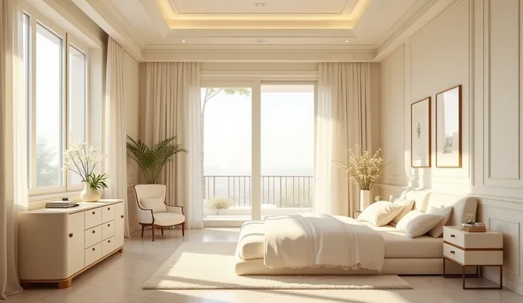 Beautiful bedroom with full furniture design in cream colored 