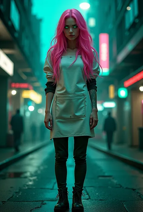 a woman with long pink hair bright green eyes/emeralds, wearing a butcher costume without a mask cyberpunk, standing on the road at full altitude at night
