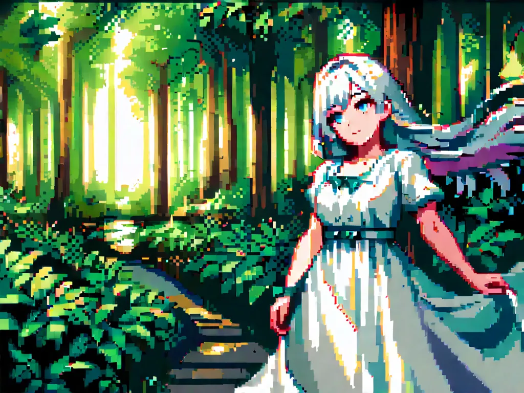 pixel art,The sunlight gently shines her white dress, creating a fantastic scene in harmony the greenery of the forest.  A beautiful woman in a white dress stands against the backdrop  lush green forest  sunlight streaming through the trees. Her long, lust...