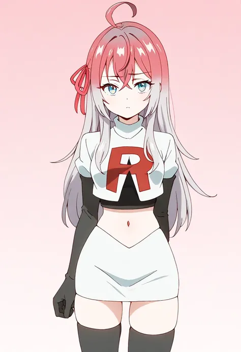 masterpiece, best quality, amazing quality,
1girl, solo, looking at viewer, gradient background, 
long hair, silver hair, ahoge, crossed bangs, red hair ribbon, sidelocks, blue eyes,
team rocket,team rocket uniform,white skirt,red letter R,crop top,black t...