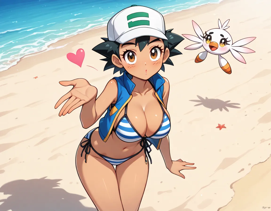 score_9, score_8_up, score_7_up, (((Masterpiece))), (((highres))), (((1girl, solo))), hearts floating above head, shading, sharp focus, raytracing, 23yo, Ash_Ketchum_\(pokemon\), cap, red and white cap, Black hair, ((long lashes)), lush lips, brown eyes, t...