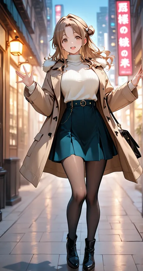 insanely detailed,
ichikawa_hinana, bag, sweater, brown hair, city background, looking at viewer, blurry background, jacket, brown eyes, long hair, hair bun, fur trim, brown jacket, turtleneck, fur-trimmed jacket, hair ornament, open clothes, :o, open jack...