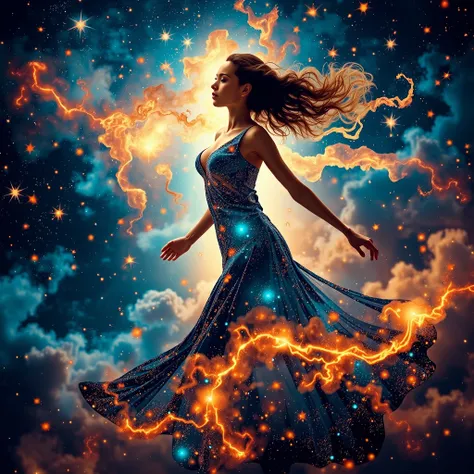 In a vast cosmos of stars and nebulae, (perfect face) Brown skin, an ethereal woman emerges like a goddess among the stars. Her (dress) is a cosmic tapestry, woven from threads of glittering galaxies and constellations. Her every movement is a celestial da...